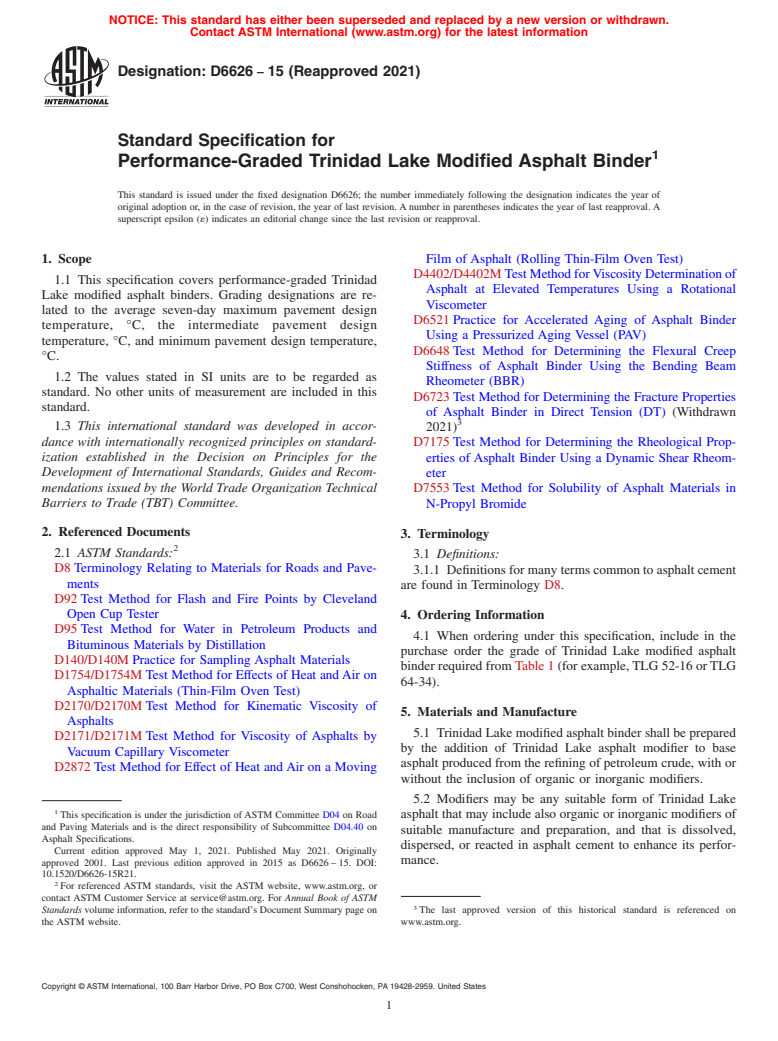 ASTM D6626-15(2021) - Standard Specification for Performance-Graded Trinidad Lake Modified Asphalt Binder