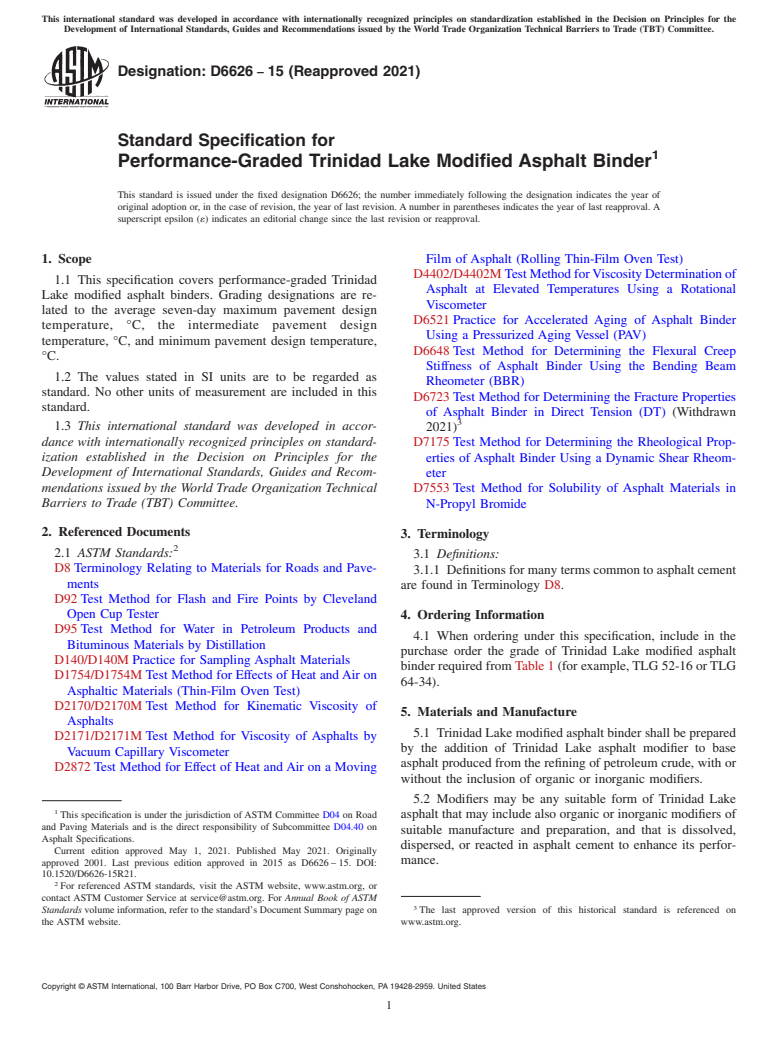 ASTM D6626-15(2021) - Standard Specification for Performance-Graded Trinidad Lake Modified Asphalt Binder