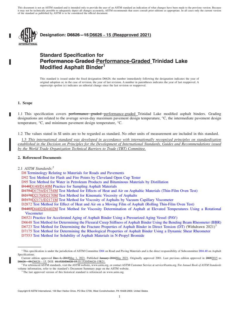 REDLINE ASTM D6626-15(2021) - Standard Specification for Performance-Graded Trinidad Lake Modified Asphalt Binder