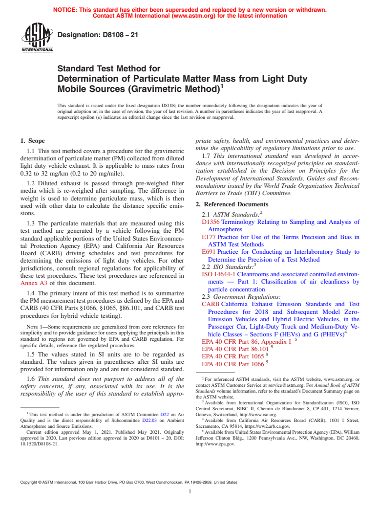 ASTM D8108-21 - Standard Test Method for Determination of Particulate Matter Mass from Light Duty Mobile  Sources (Gravimetric Method)