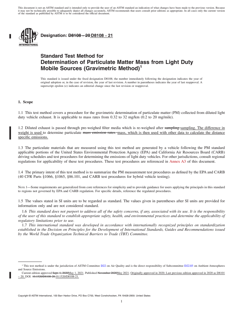 REDLINE ASTM D8108-21 - Standard Test Method for Determination of Particulate Matter Mass from Light Duty Mobile  Sources (Gravimetric Method)