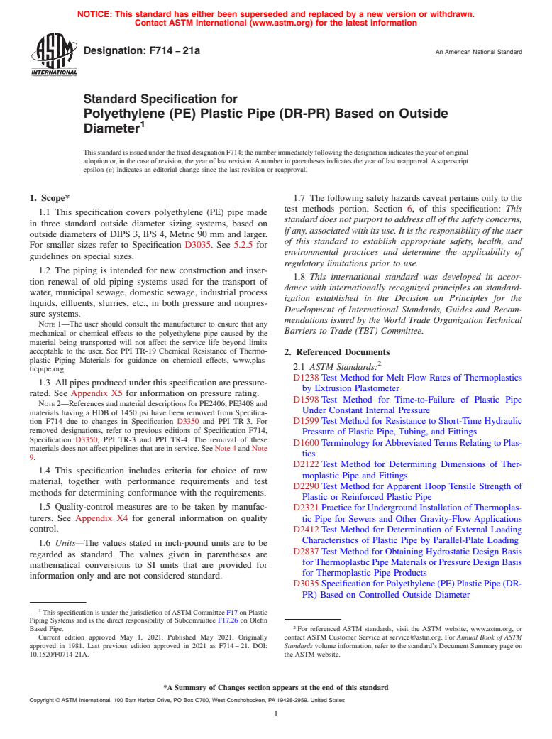 ASTM F714-21a - Standard Specification for  Polyethylene (PE) Plastic Pipe (DR-PR) Based on Outside Diameter