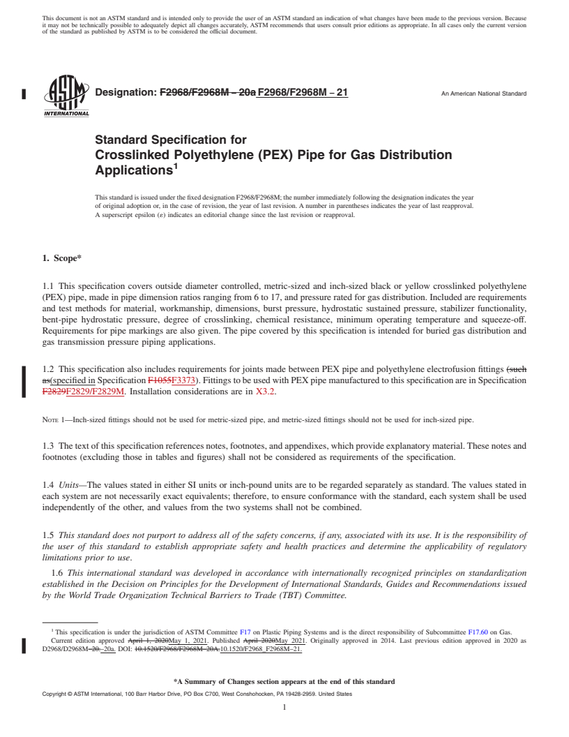 REDLINE ASTM F2968/F2968M-21 - Standard Specification for Crosslinked Polyethylene (PEX) Pipe for Gas Distribution Applications