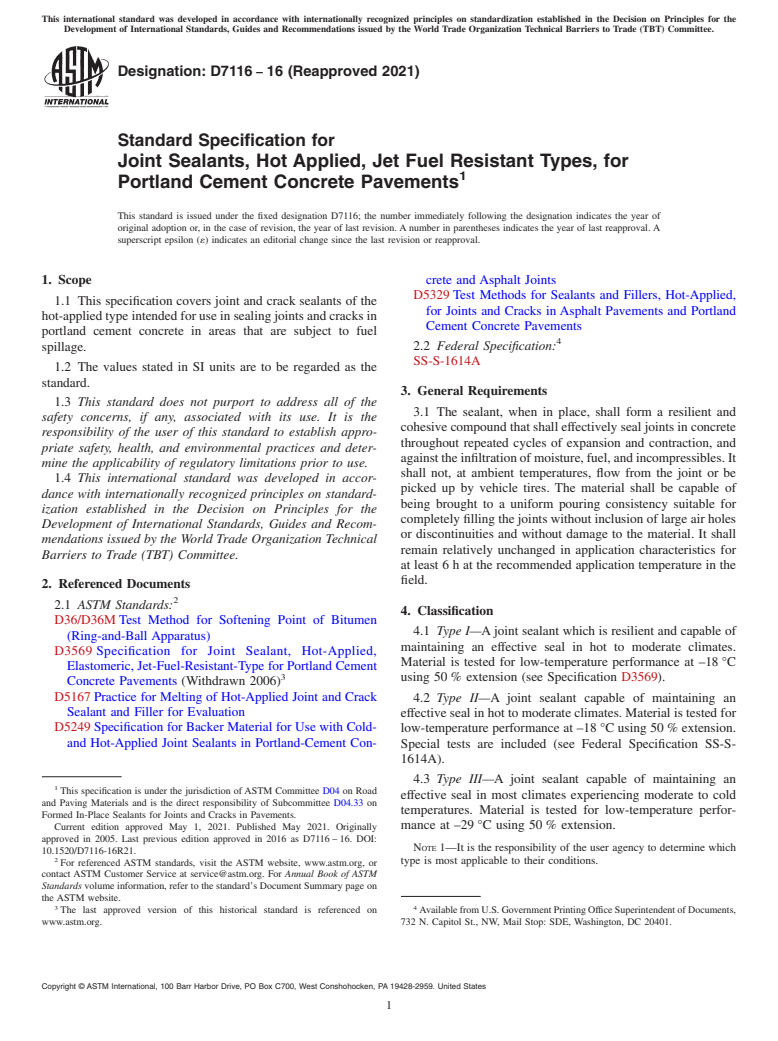 ASTM D7116-16(2021) - Standard Specification for Joint Sealants, Hot Applied, Jet Fuel Resistant Types, for  Portland Cement Concrete Pavements