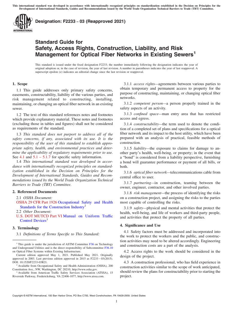 ASTM F2233-03(2021) - Standard Guide for Safety, Access Rights, Construction, Liability, and Risk Management  for Optical Fiber Networks in Existing Sewers