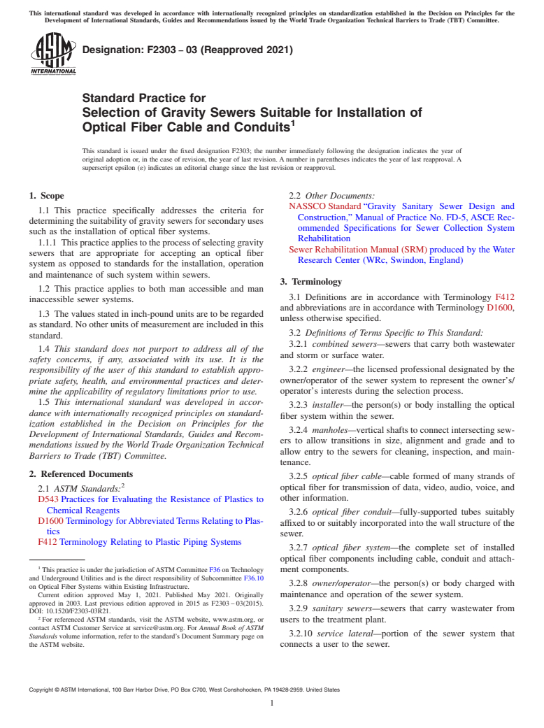 ASTM F2303-03(2021) - Standard Practice for Selection of Gravity Sewers Suitable for Installation of Optical  Fiber Cable and Conduits