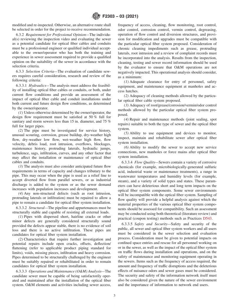 ASTM F2303-03(2021) - Standard Practice for Selection of Gravity Sewers Suitable for Installation of Optical  Fiber Cable and Conduits