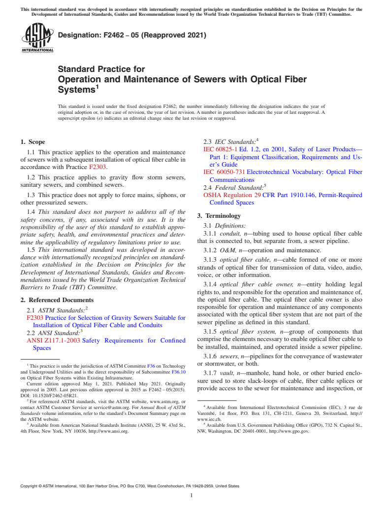 ASTM F2462-05(2021) - Standard Practice for Operation and Maintenance of Sewers with Optical Fiber Systems