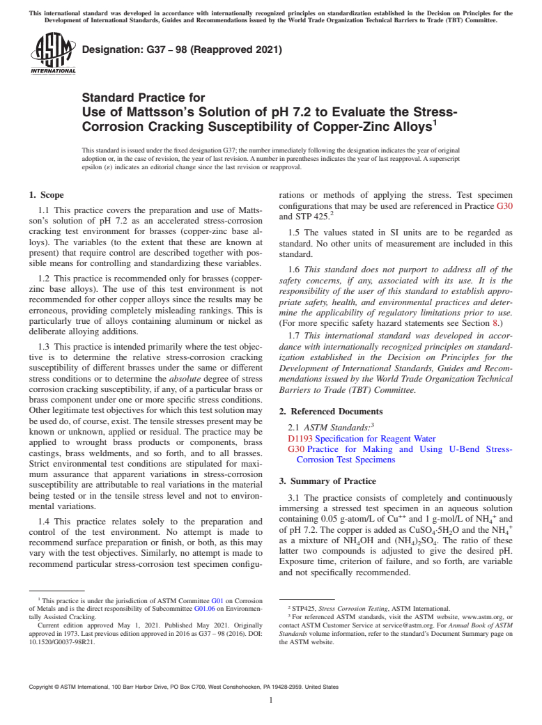 ASTM G37-98(2021) - Standard Practice for Use of Mattsson&apos;s Solution of pH 7.2 to Evaluate the Stress-Corrosion  Cracking Susceptibility of Copper-Zinc Alloys