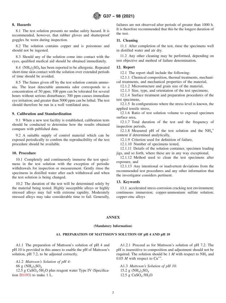 ASTM G37-98(2021) - Standard Practice for Use of Mattsson&apos;s Solution of pH 7.2 to Evaluate the Stress-Corrosion  Cracking Susceptibility of Copper-Zinc Alloys