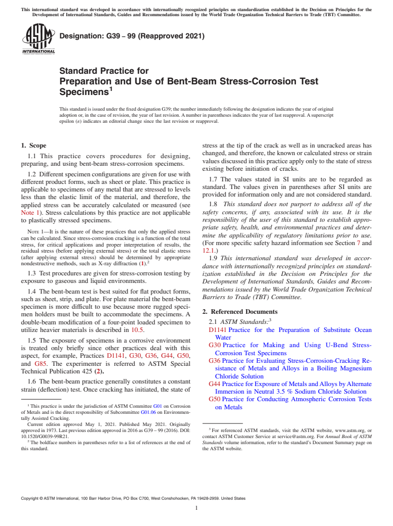 ASTM G39-99(2021) - Standard Practice for Preparation and Use of Bent-Beam Stress-Corrosion Test Specimens