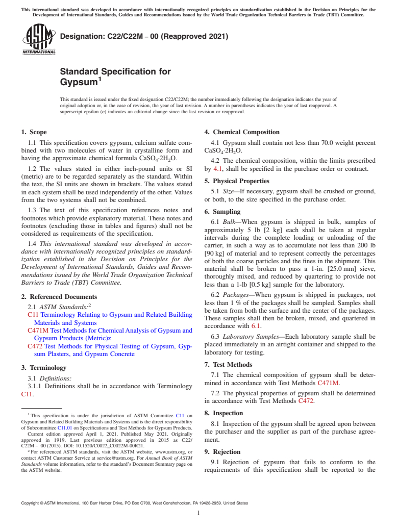 ASTM C22/C22M-00(2021) - Standard Specification for  Gypsum