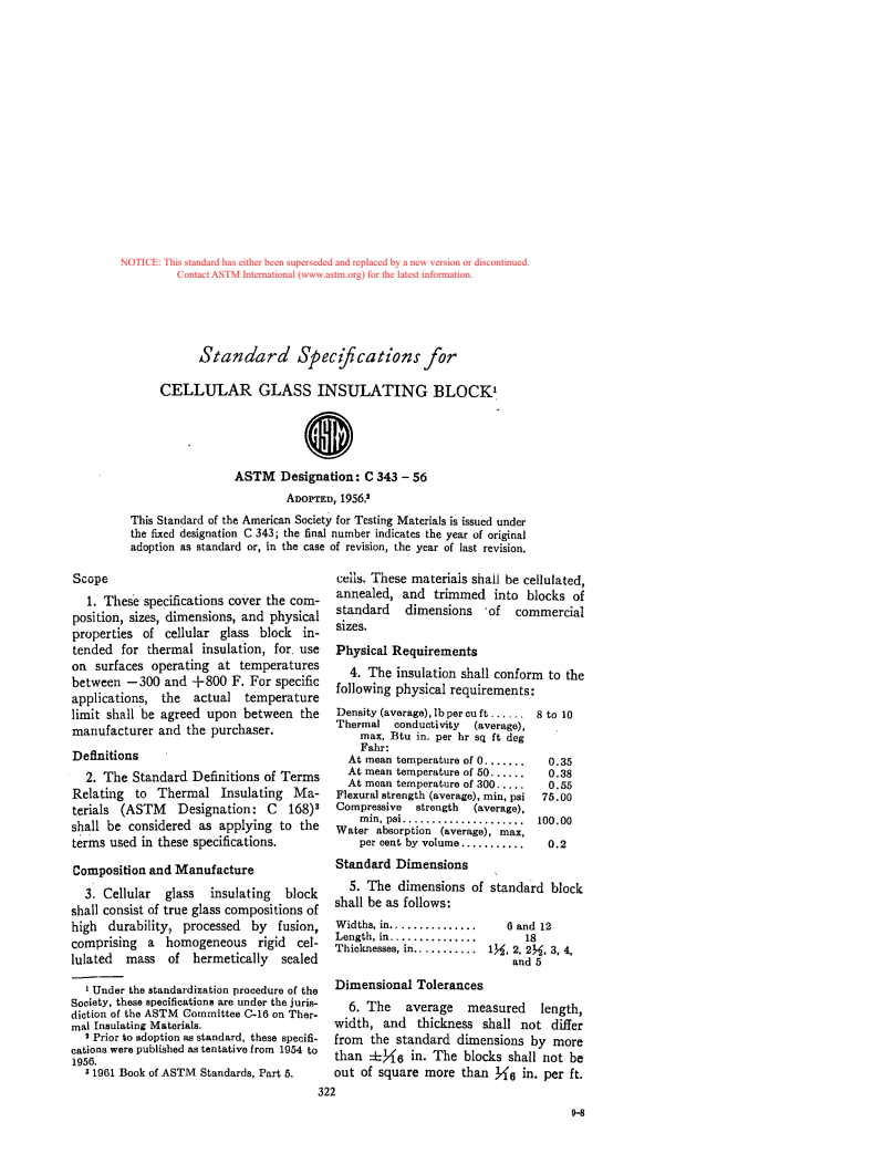 ASTM C343-56 - Specification for Cellular Glass Insulating Block (Withdrawn 1965)