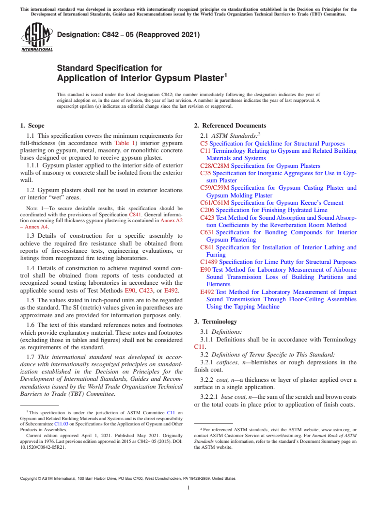 ASTM C842-05(2021) - Standard Specification for  Application of Interior Gypsum Plaster