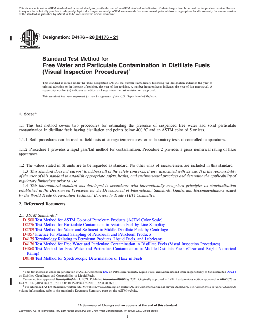 REDLINE ASTM D4176-21 - Standard Test Method for  Free Water and Particulate Contamination in Distillate Fuels   (Visual Inspection Procedures)