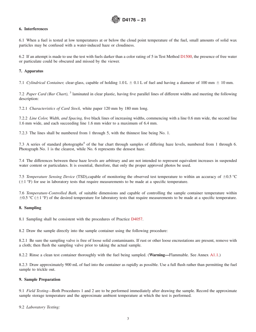 REDLINE ASTM D4176-21 - Standard Test Method for  Free Water and Particulate Contamination in Distillate Fuels   (Visual Inspection Procedures)