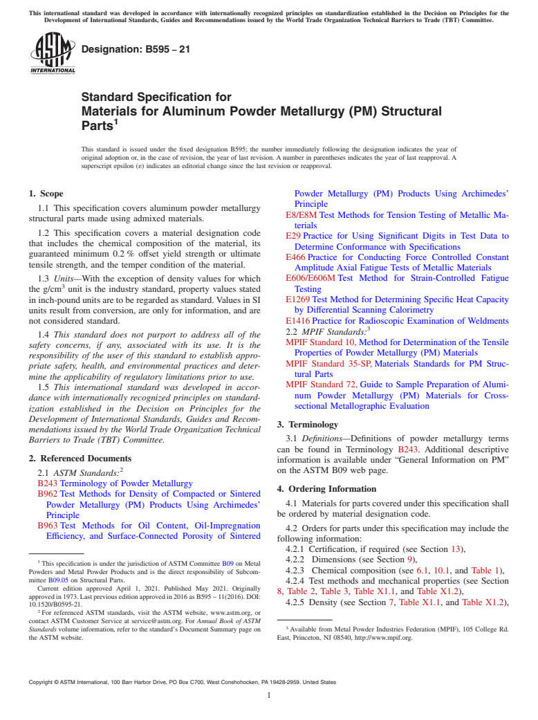 ASTM B595-21 - Standard Specification for Materials for Aluminum Powder Metallurgy (PM) Structural Parts