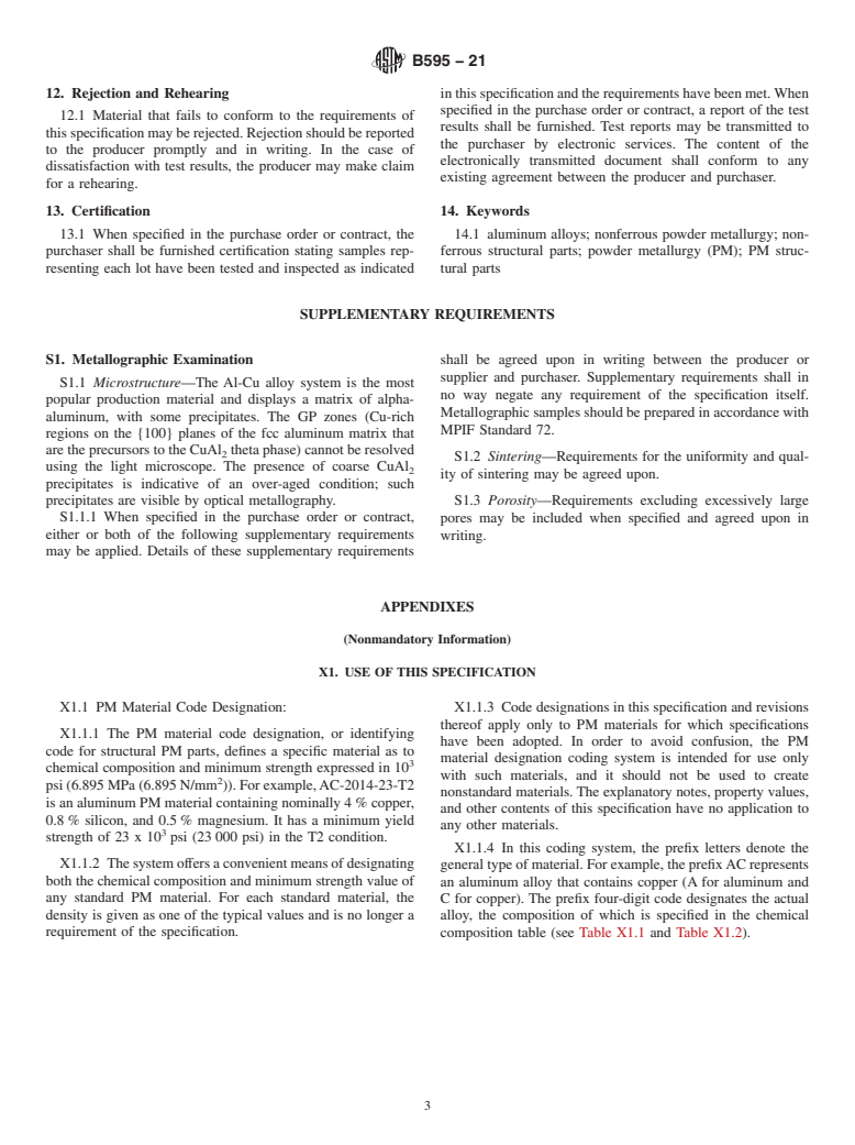 ASTM B595-21 - Standard Specification for Materials for Aluminum Powder Metallurgy (PM) Structural Parts