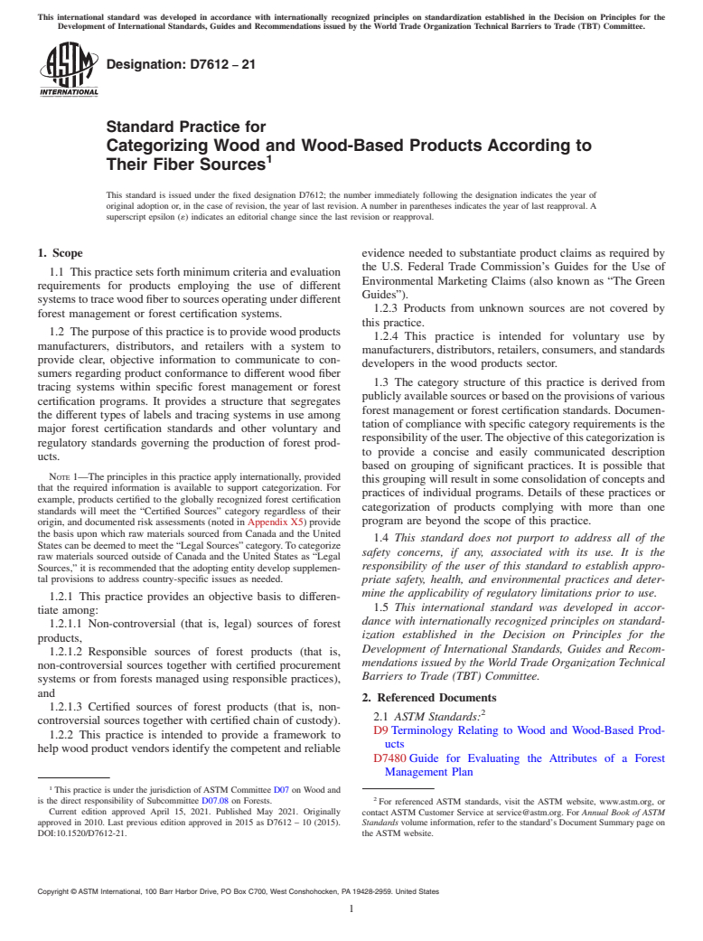 ASTM D7612-21 - Standard Practice for  Categorizing Wood and Wood-Based Products According to Their   Fiber Sources