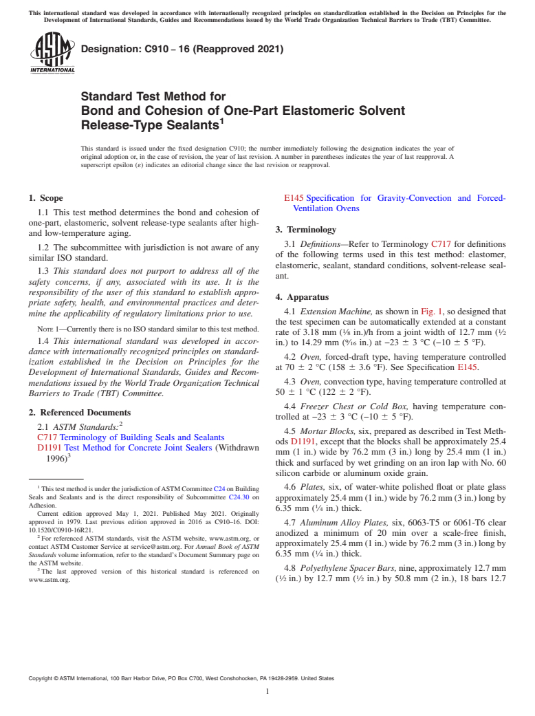 ASTM C910-16(2021) - Standard Test Method for  Bond and Cohesion of One-Part Elastomeric Solvent Release-Type  Sealants