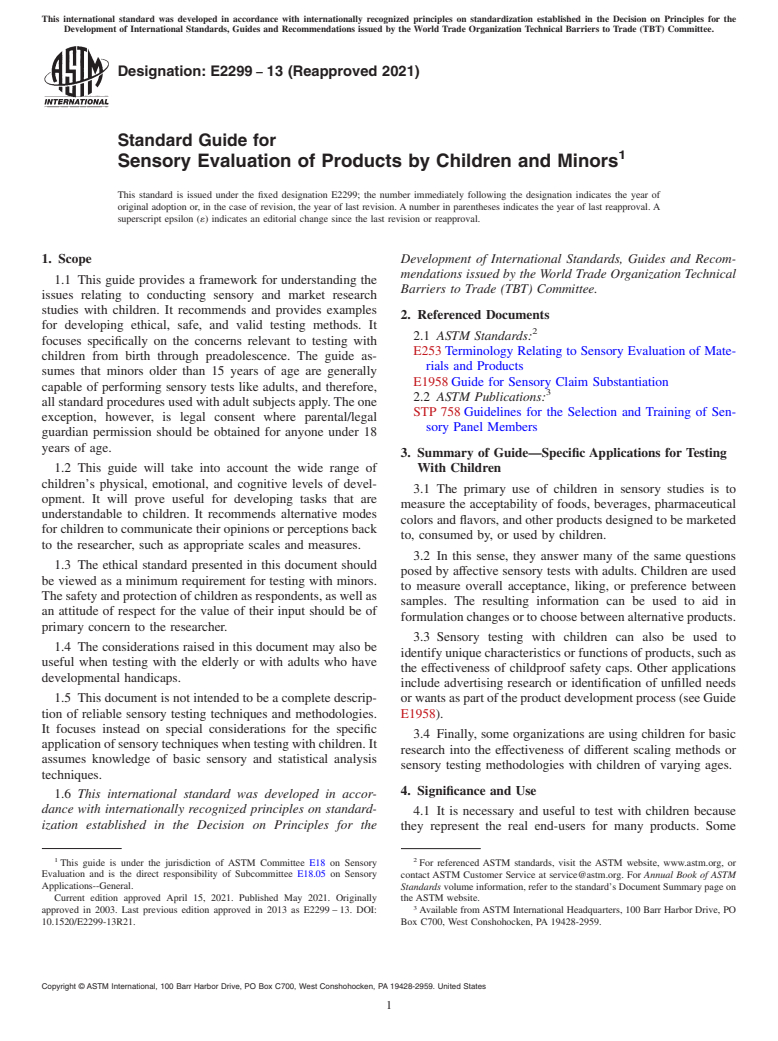 ASTM E2299-13(2021) - Standard Guide for  Sensory Evaluation of Products by Children and Minors