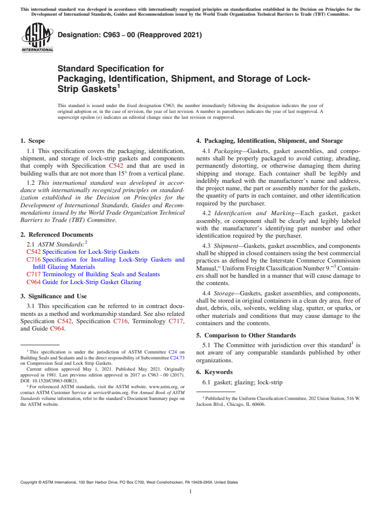 ASTM C963-00(2021) - Standard Specification for  Packaging, Identification, Shipment, and Storage of Lock-Strip  Gaskets