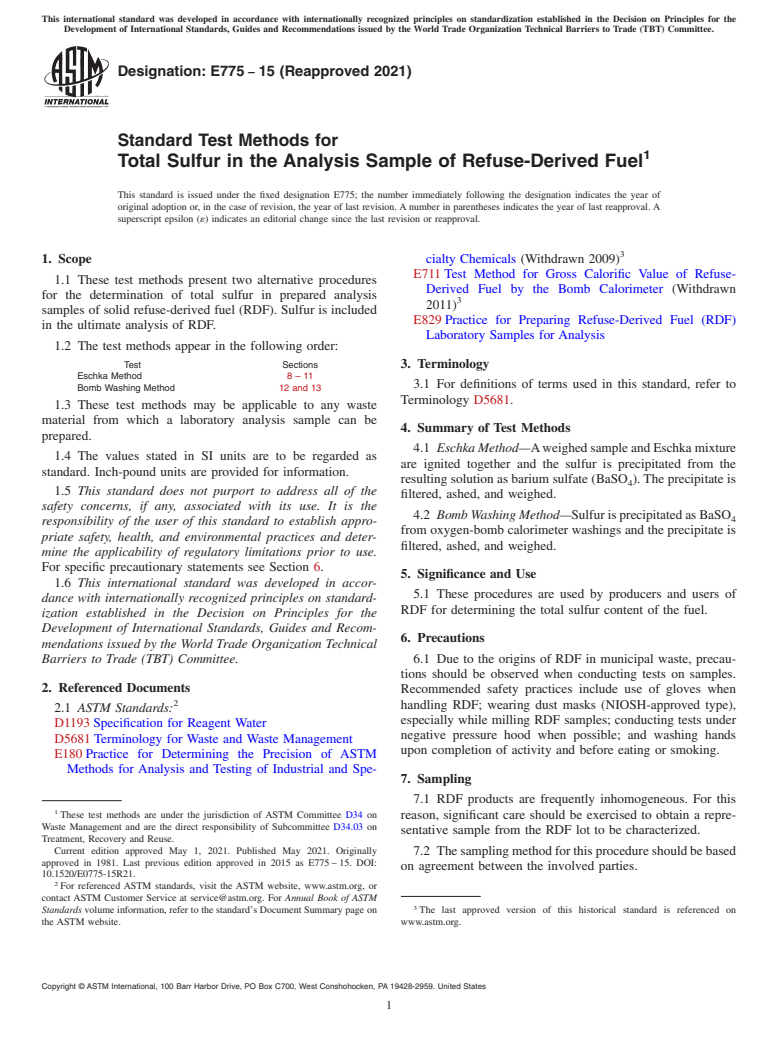 ASTM E775-15(2021) - Standard Test Methods for Total Sulfur in the Analysis Sample of Refuse-Derived Fuel