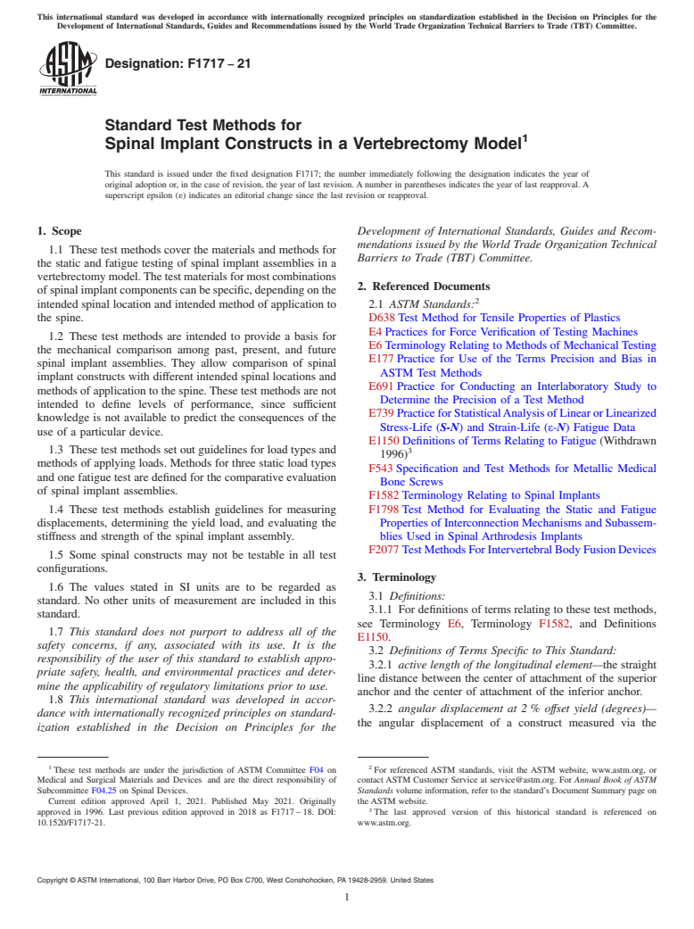 ASTM F1717-21 - Standard Test Methods for Spinal Implant Constructs in a Vertebrectomy Model