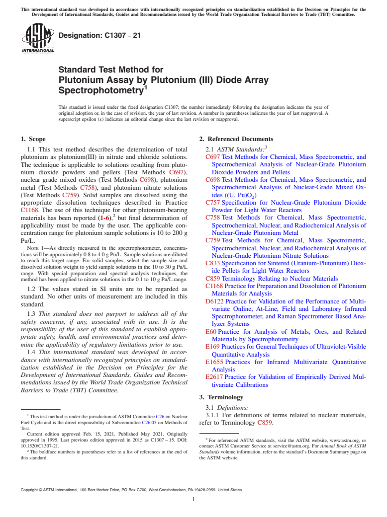 ASTM C1307-21 - Standard Test Method for  Plutonium Assay by Plutonium (III) Diode Array Spectrophotometry