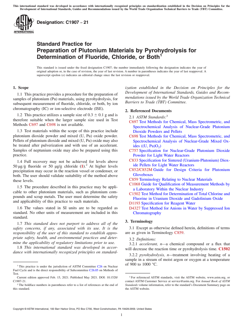 ASTM C1907-21 - Standard Practice for Preparation of Plutonium Materials by Pyrohydrolysis for Determination of Fluoride, Chloride, or Both