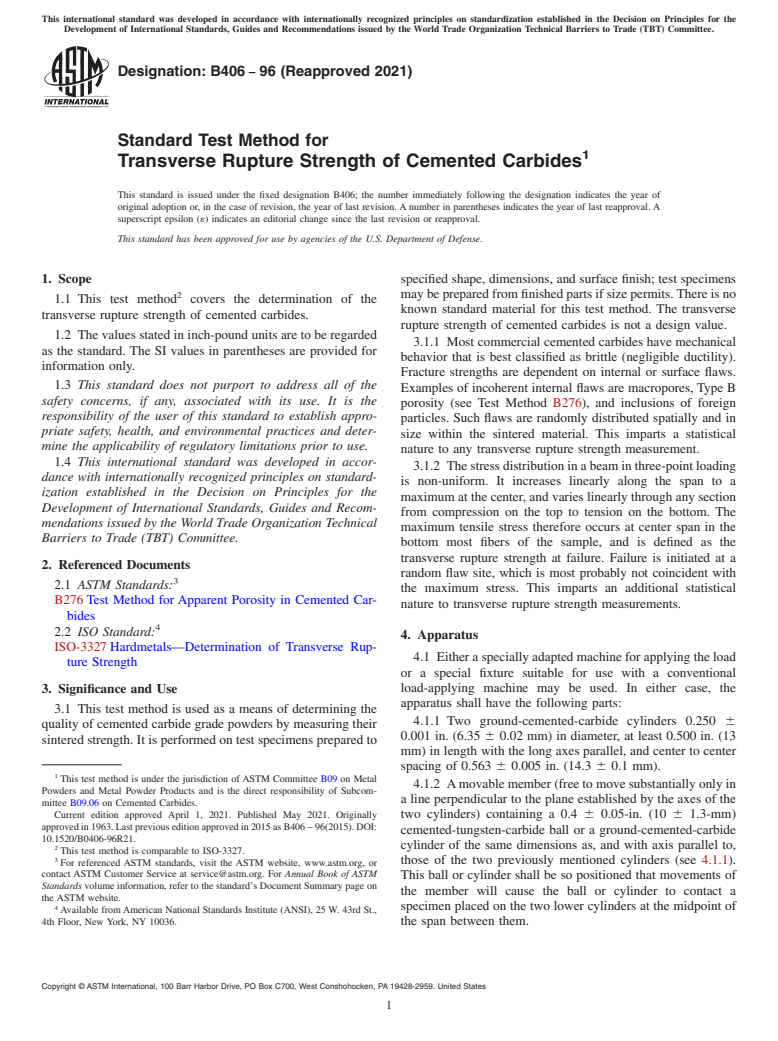 ASTM B406-96(2021) - Standard Test Method for  Transverse Rupture Strength of Cemented Carbides