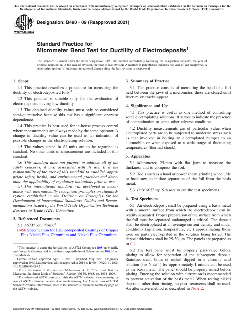 ASTM B490-09(2021) - Standard Practice for  Micrometer Bend Test for Ductility of Electrodeposits