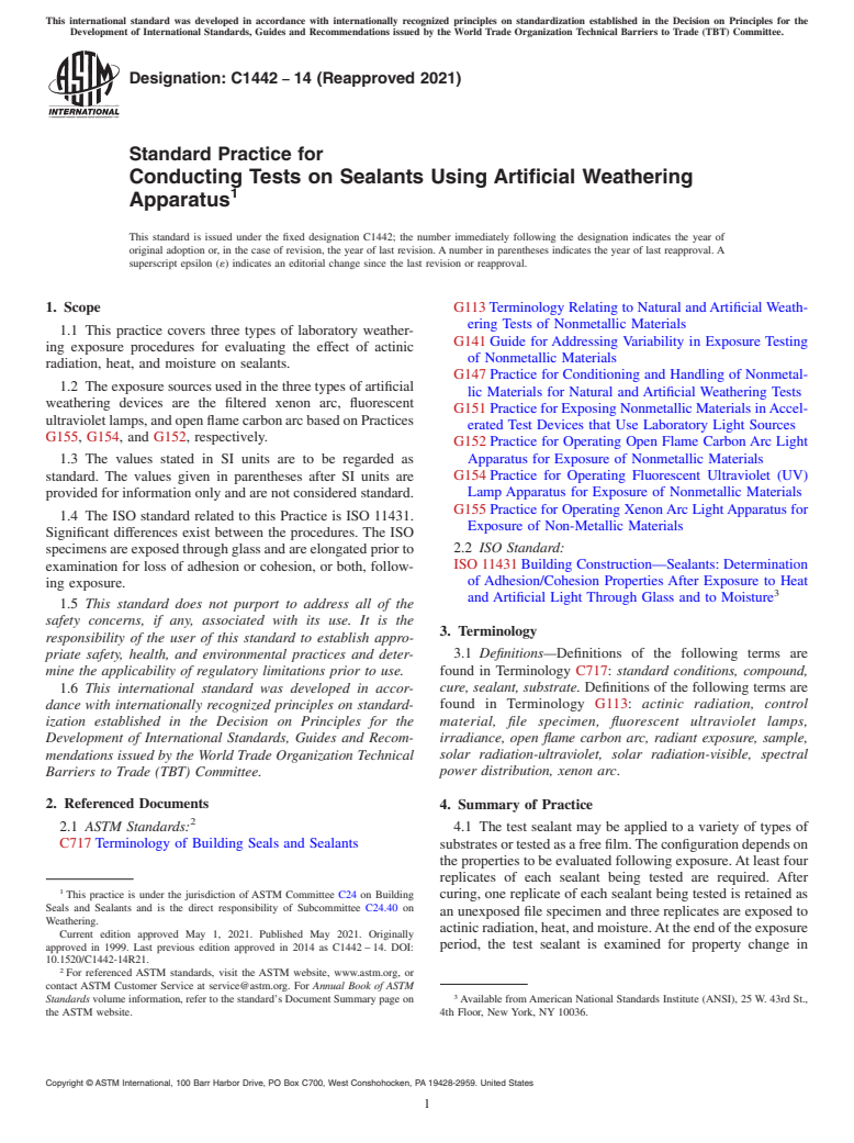 ASTM C1442-14(2021) - Standard Practice for  Conducting Tests on Sealants Using Artificial Weathering Apparatus