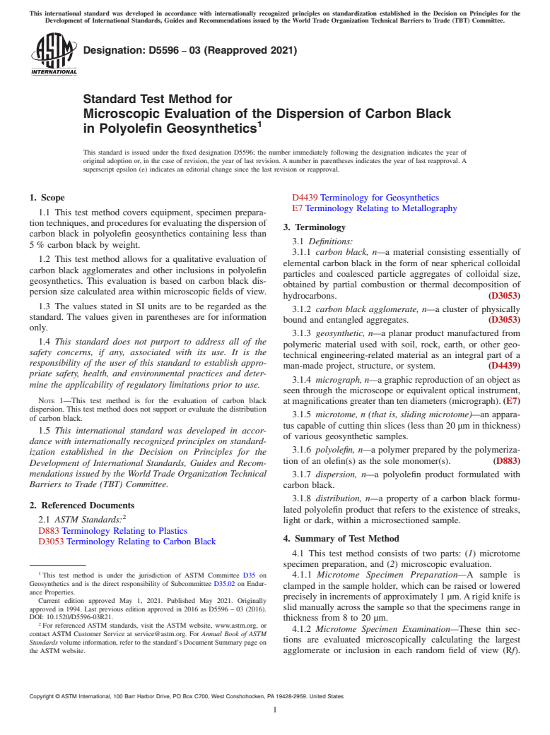 ASTM D5596-03(2021) - Standard Test Method for Microscopic Evaluation of the Dispersion of Carbon Black in  Polyolefin Geosynthetics