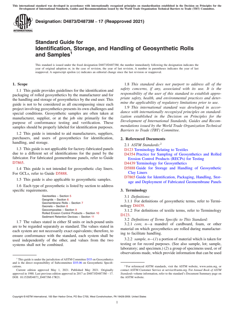 ASTM D4873/D4873M-17(2021) - Standard Guide for Identification, Storage, and Handling of Geosynthetic Rolls  and Samples