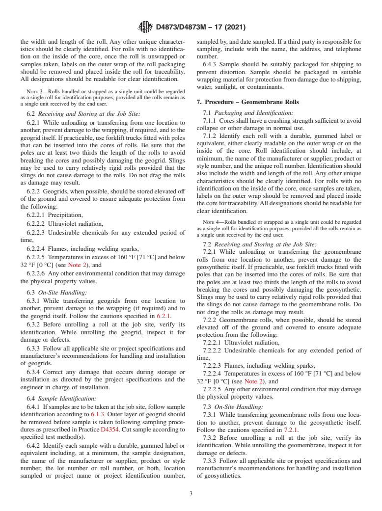 ASTM D4873/D4873M-17(2021) - Standard Guide for Identification, Storage, and Handling of Geosynthetic Rolls  and Samples