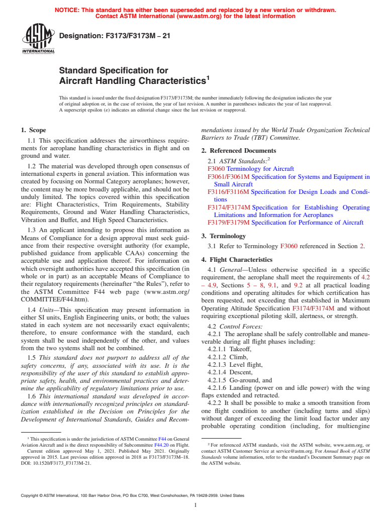 ASTM F3173/F3173M-21 - Standard Specification for Aircraft Handling Characteristics