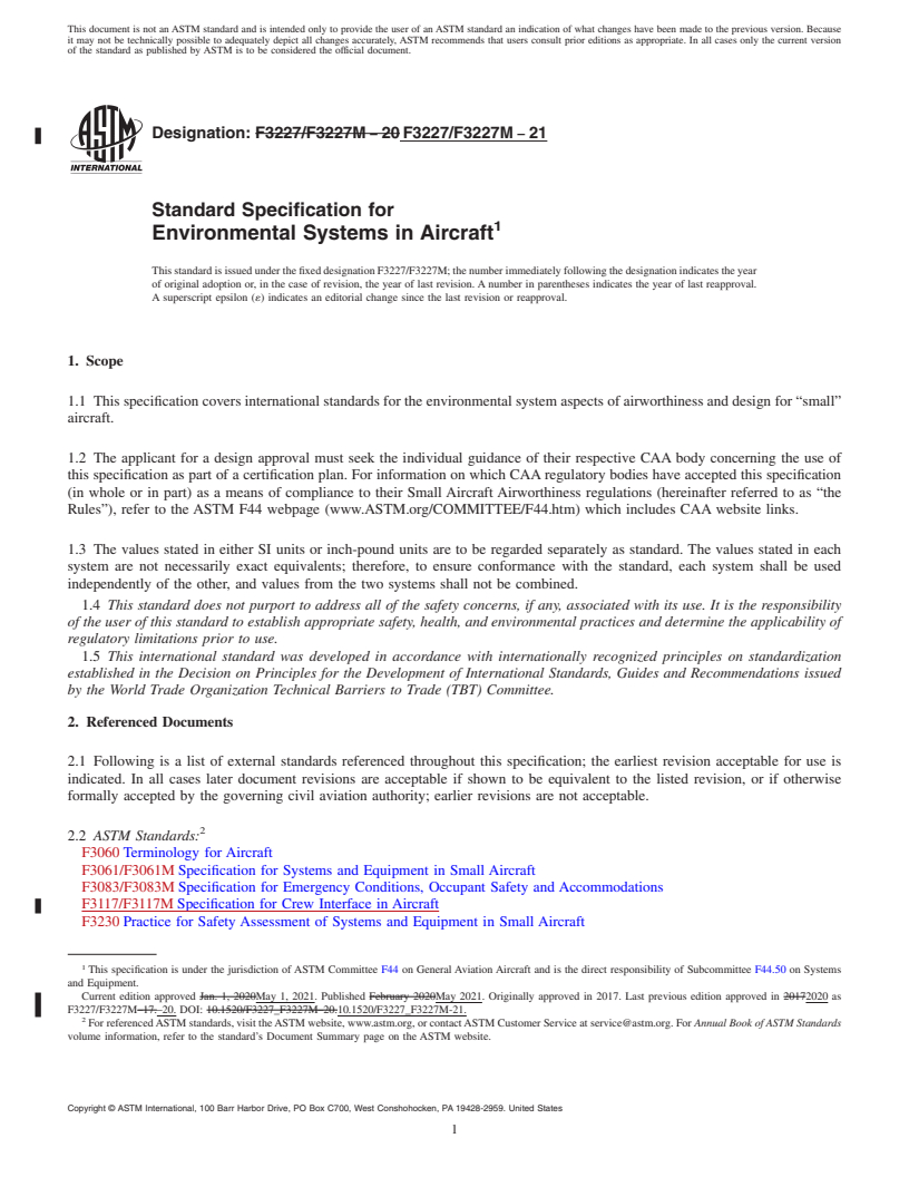 REDLINE ASTM F3227/F3227M-21 - Standard Specification for Environmental Systems in Aircraft