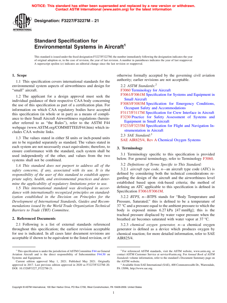 ASTM F3227/F3227M-21 - Standard Specification for Environmental Systems in Aircraft