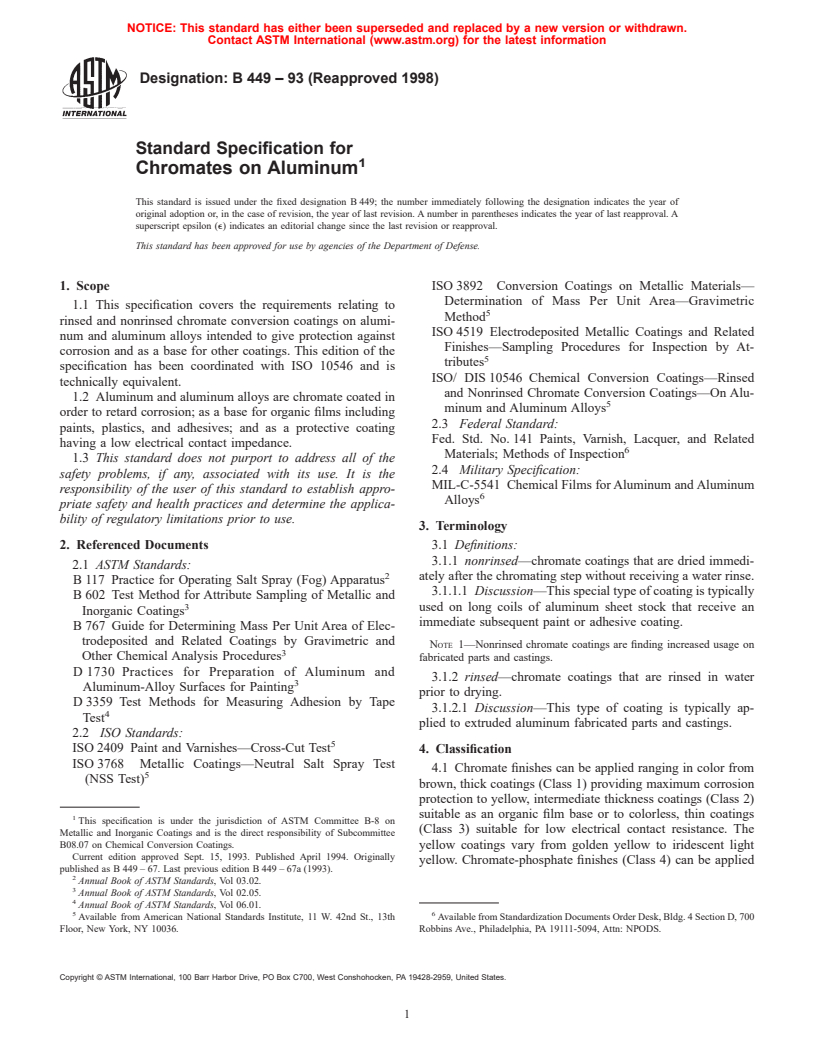 ASTM B449-93(1998) - Standard Specification for Chromates on Aluminum