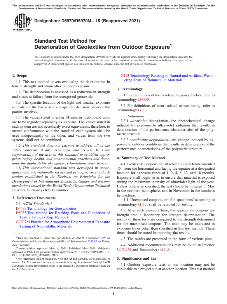 ASTM D5970/D5970M-16(2021) - Standard Test Method for Deterioration of Geotextiles from Outdoor Exposure