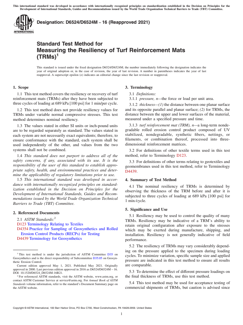 ASTM D6524/D6524M-16(2021) - Standard Test Method for Measuring the Resiliency of Turf Reinforcement Mats (TRMs)