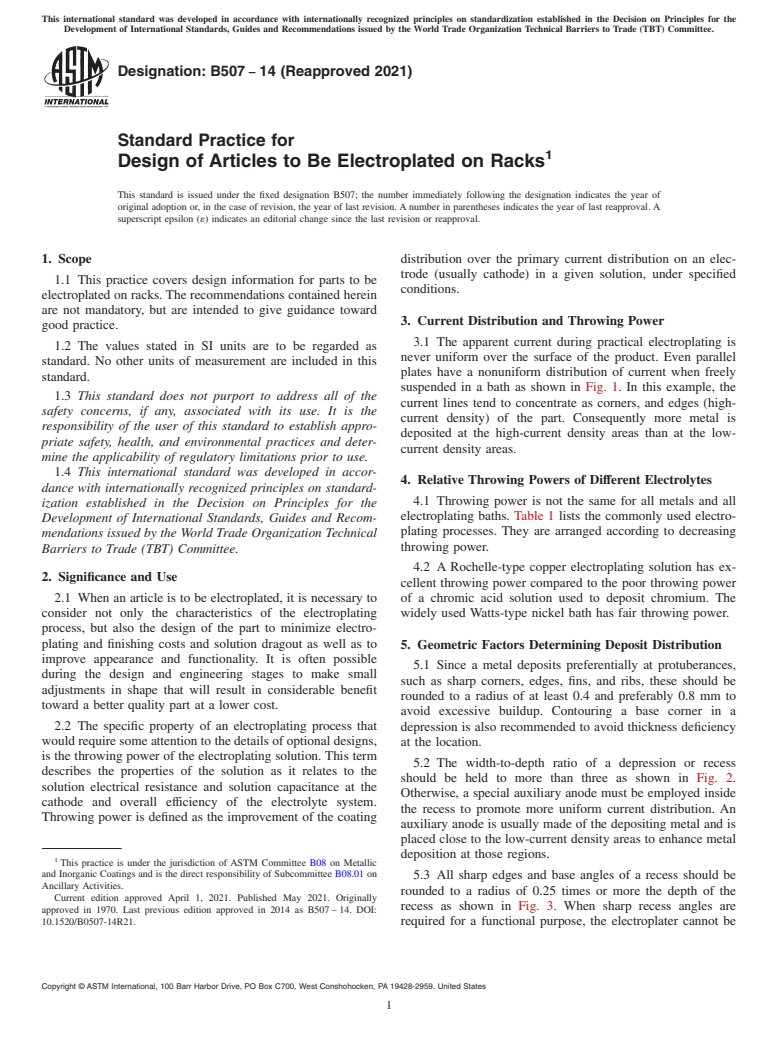 ASTM B507-14(2021) - Standard Practice for  Design of Articles to Be Electroplated on Racks