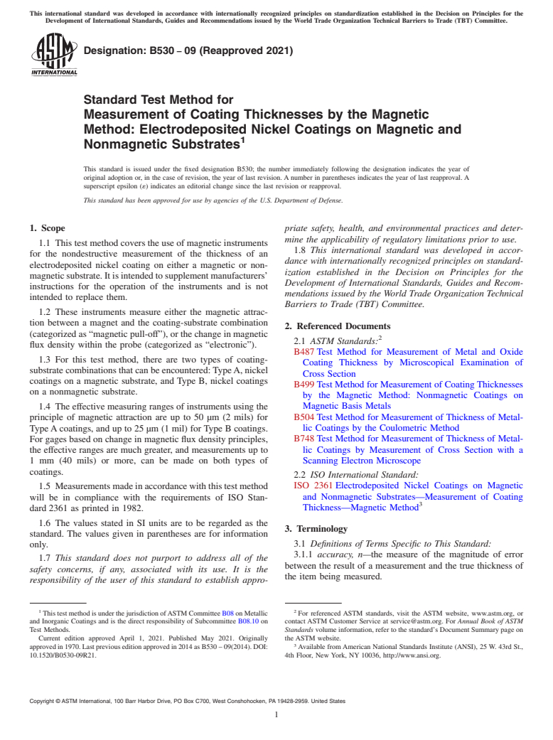 ASTM B530-09(2021) - Standard Test Method for  Measurement of Coating Thicknesses by the Magnetic Method:  Electrodeposited Nickel Coatings on Magnetic and Nonmagnetic Substrates