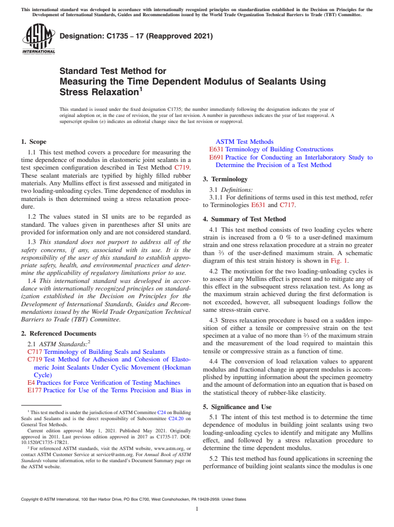 ASTM C1735-17(2021) - Standard Test Method for  Measuring the Time Dependent Modulus of Sealants Using Stress  Relaxation