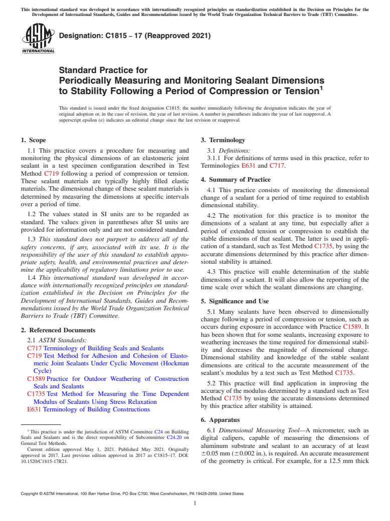 ASTM C1815-17(2021) - Standard Practice for Periodically Measuring and Monitoring Sealant Dimensions to  Stability Following a Period of Compression or Tension