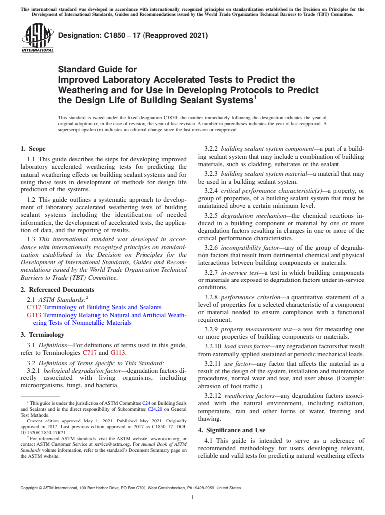 ASTM C1850-17(2021) - Standard Guide for Improved Laboratory Accelerated Tests to Predict the Weathering  and for Use in Developing Protocols to Predict the Design Life of  Building Sealant Systems