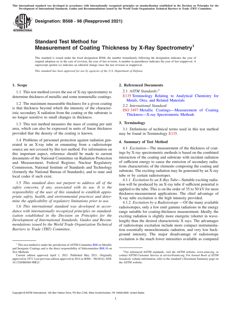 ASTM B568-98(2021) - Standard Test Method for  Measurement of Coating Thickness by X-Ray Spectrometry