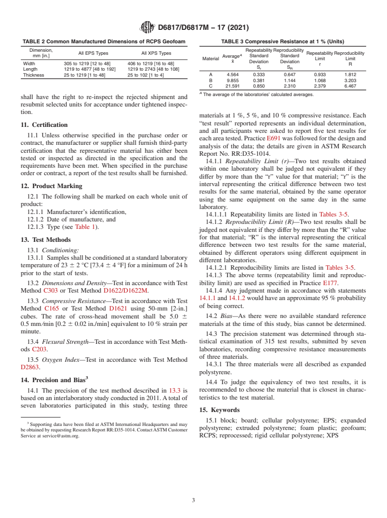 ASTM D6817/D6817M-17(2021) - Standard Specification for Rigid Cellular Polystyrene Geofoam