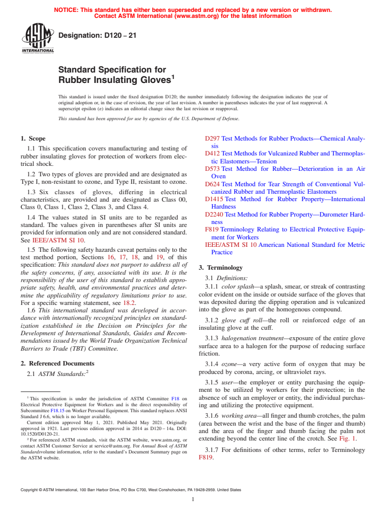 ASTM D120-21 - Standard Specification for  Rubber Insulating Gloves